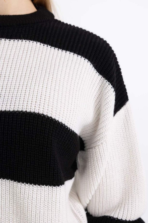 Coool Oversize Geniş Kalıp Bisiklet Yaka Çizgili Triko Kazak X4931AZ24WN - 4