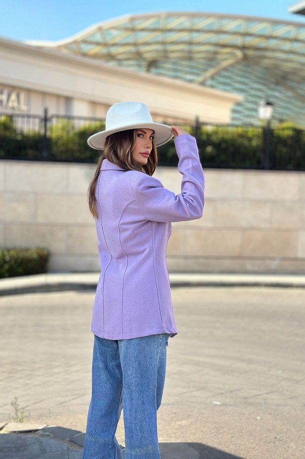 Kadın Lila Astarlı, Tek Düğme, Vucüda Oturan Kalıp, Fitilli Kaşe Kumaş Blazer Ceket - 4