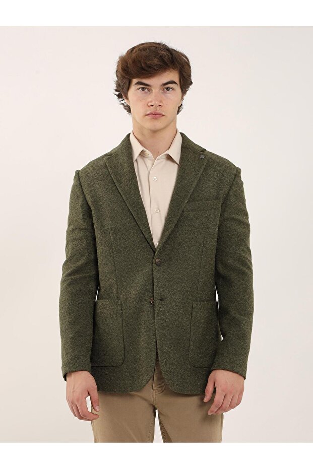 Khaki Men's Slim Fit Plain Cashmere Mono Collar Jacket