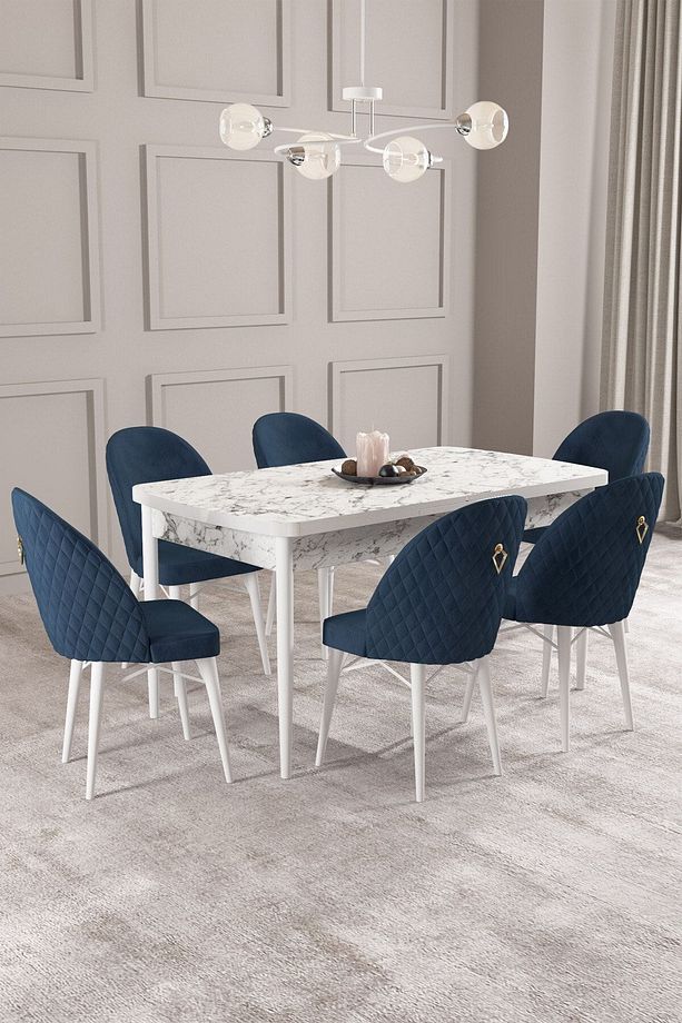 Calvin Beyaz Mermer Desen 80x132 Mdf Açılabilir Mutfak Masası Takımı 6 Adet Sandalye - 1
