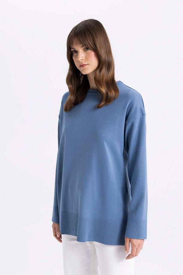 Regular Fit Bisiklet Yaka Yırtmaçlı Basic Düz Triko Kazak Tunik C5165AX24AU - 4
