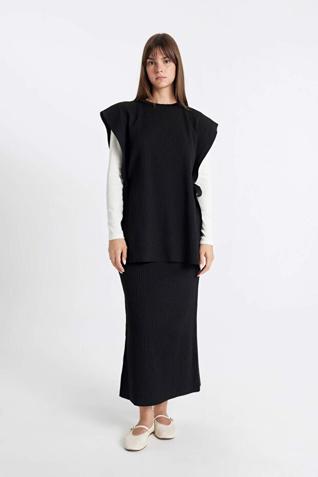 Regular Fit Basic Düz Maxi Siyah Triko Etek A1314AX24AU - 2