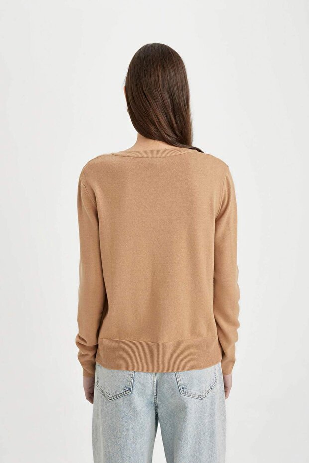 Relaxed Fit Weicher Strukturierter V-Ausschnitt Basic Schlichter Strickpullover C4024AX24WN - 4