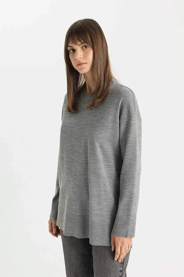 Regular Fit Bisiklet Yaka Yırtmaçlı Basic Düz Triko Kazak Tunik C5165AX24AU - 4