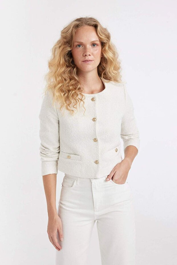 Regular Fit Crew Neck Tweed Button Crop Blazer Jacket D3910Ax24Au
