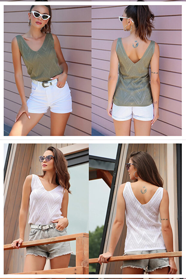Women's Front Back V-Neck Sleeveless Strap Glitter Detailed 2-Pack Blouse KHAKI-WHITE
