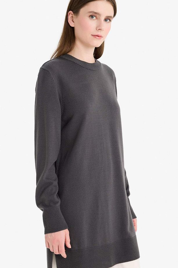 Regular Fit Bisiklet Yaka Yırtmaçlı Basic Düz Kazak Tunik H3431AZ24AU - 3