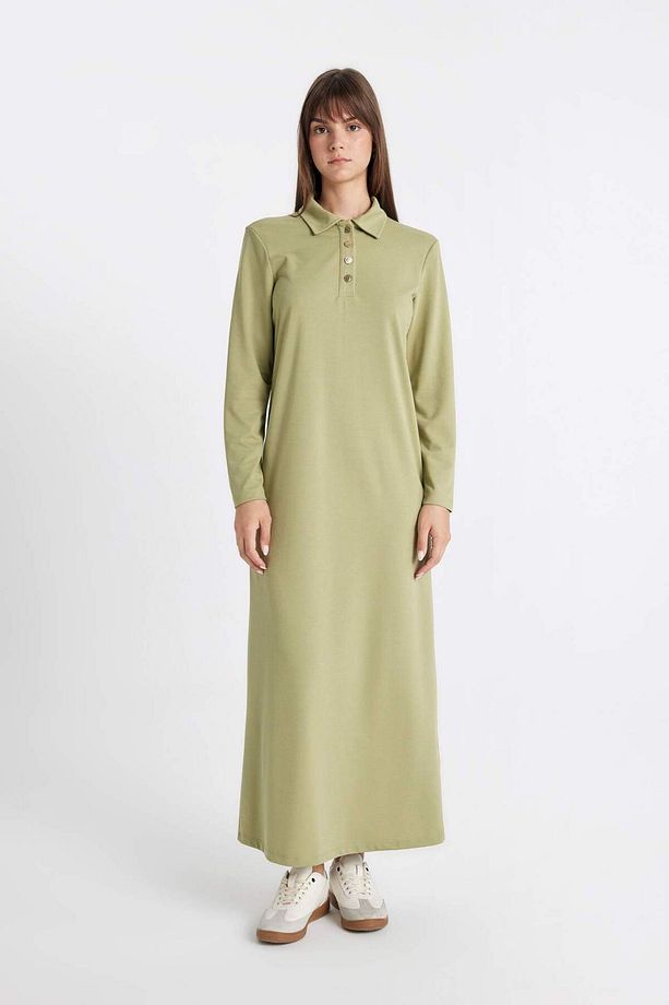 Regular Fit Polo Yaka Uzun Kollu Pike Maxi Basic Düz Elbise D1404AX24AU - 1