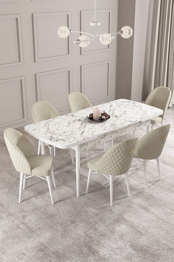 Calvin Beyaz Mermer Desen 80x132 Mdf Açılabilir Mutfak Masası Takımı 6 Adet Sandalye - 2