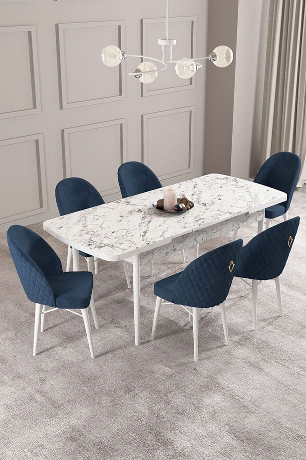 Calvin Beyaz Mermer Desen 80x132 Mdf Açılabilir Mutfak Masası Takımı 6 Adet Sandalye - 2