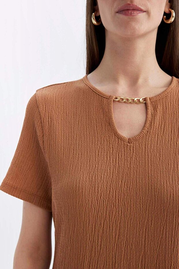 Regular Fit Bisiklet Yaka Bürümcük Kısa Kollu Midi Elbise D3834AX24SM - 4