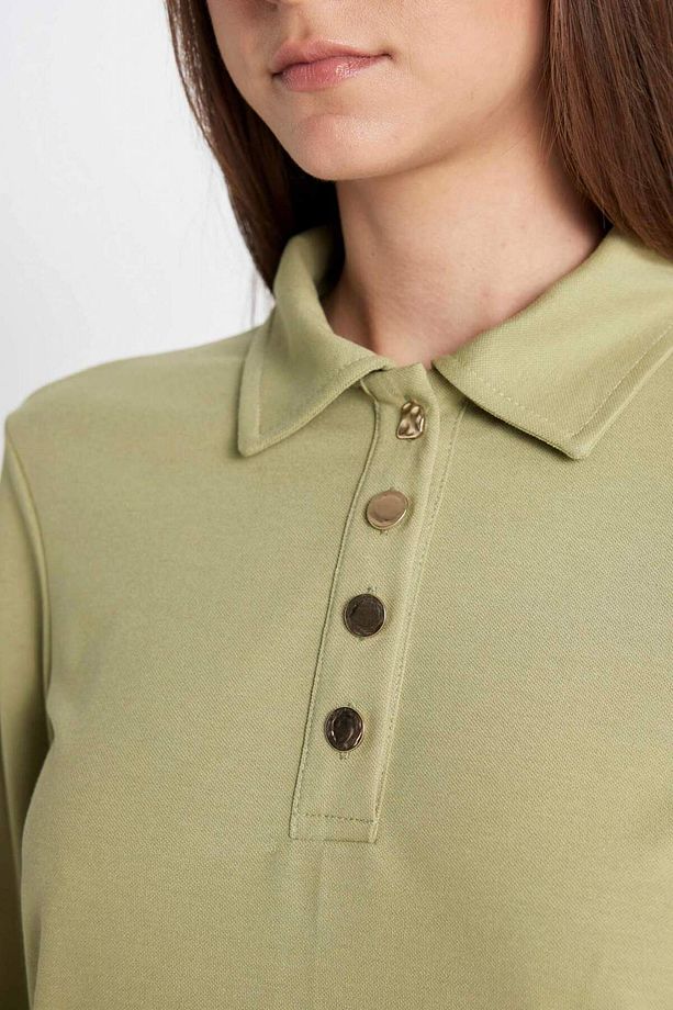 Regular Fit Polo Yaka Uzun Kollu Pike Maxi Basic Düz Elbise D1404AX24AU - 4