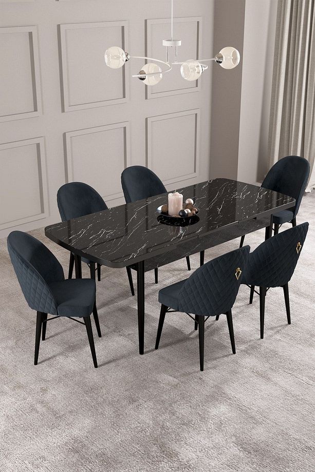Calvin Siyah Mermer Desen 80x132 Mdf Açılabilir Mutfak Masası Takımı 6 Adet Sandalye - 2