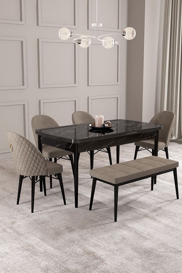 Calvin Siyah Mermer Desen 80x132 Mdf Açılabilir Mutfak Masası Takımı 4 Sandalye, 1 Bench - 1