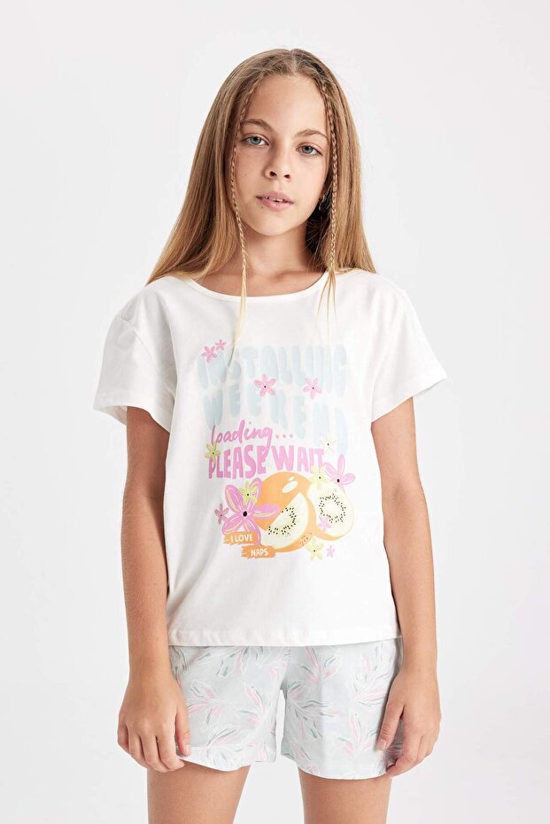 Kız Çocuk Pijama Takımı Bisiklet Yaka Baskılı Kısa Kollu Üst Şort D2073A824SM - 3