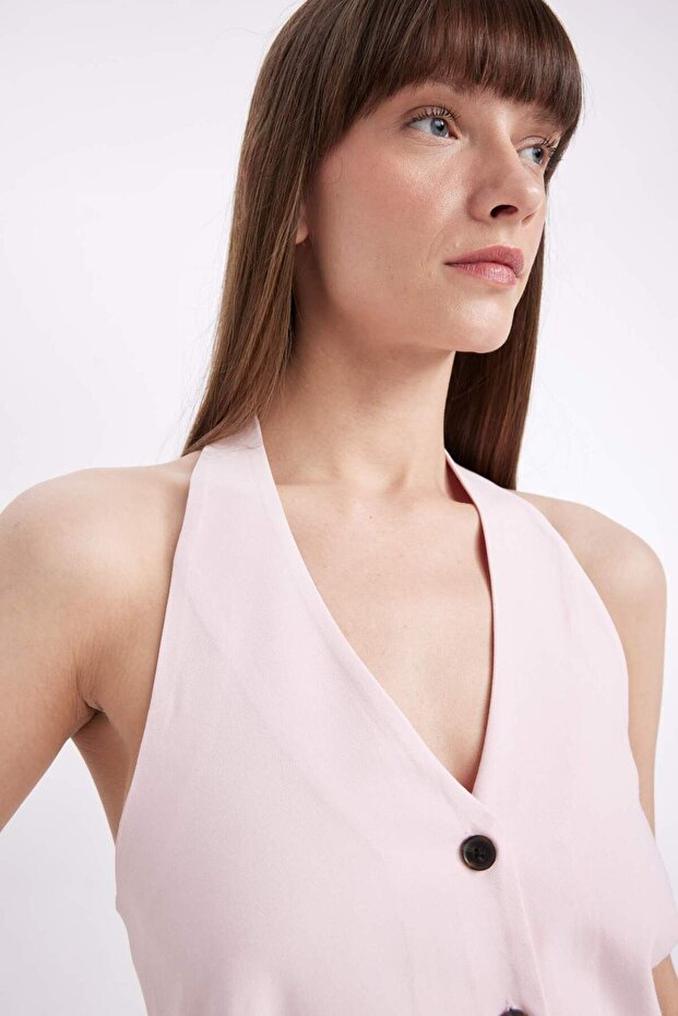 V Yaka Düğmeli Basic Düz Blazer Yelek D3691AX24SM - 4