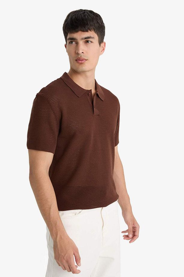 Standart Fit Normal Kesim Basic Düz Kısa Kollu Ajurlu Triko Polo Tişört C9582AX24SM - 4