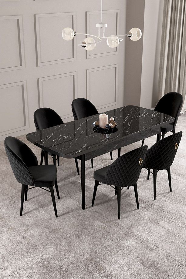 Calvin Siyah Mermer Desen 80x132 Mdf Açılabilir Mutfak Masası Takımı 6 Adet Sandalye - 2