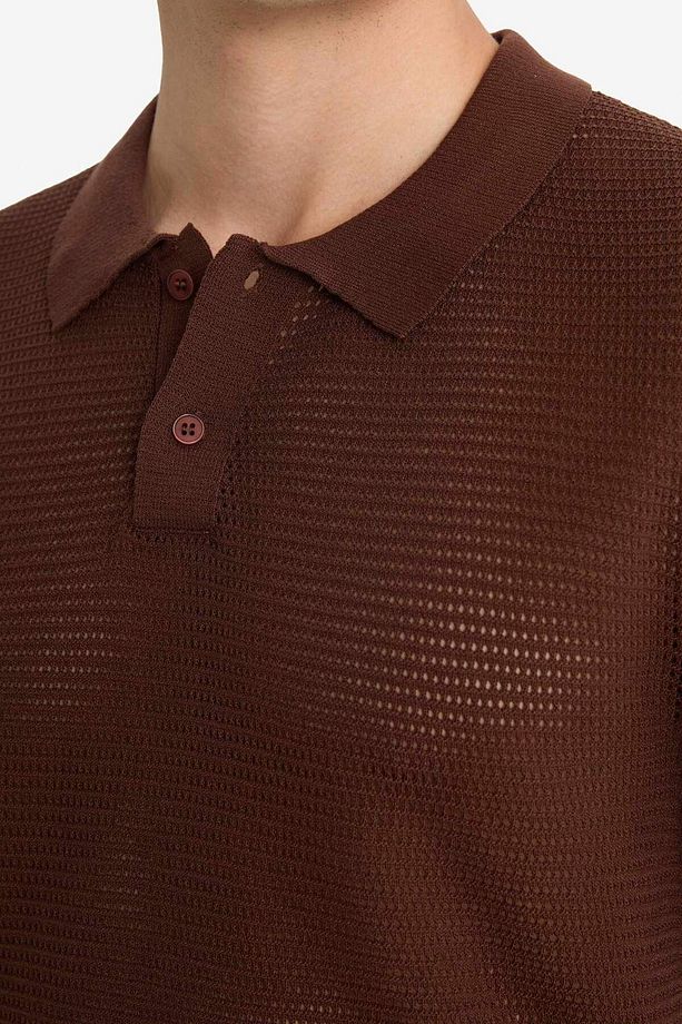 Standart Fit Normal Kesim Basic Düz Kısa Kollu Ajurlu Triko Polo Tişört C9582AX24SM - 5