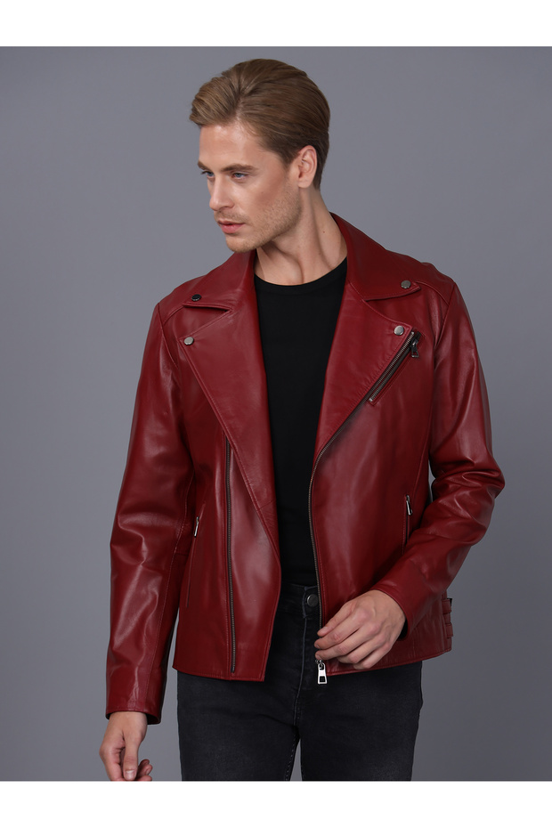 Erkek Biker Bordo Deri Ceket - E2021 - 2