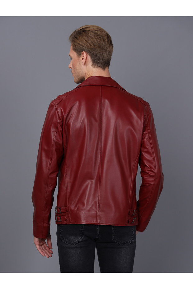 Erkek Biker Bordo Deri Ceket - E2021 - 4