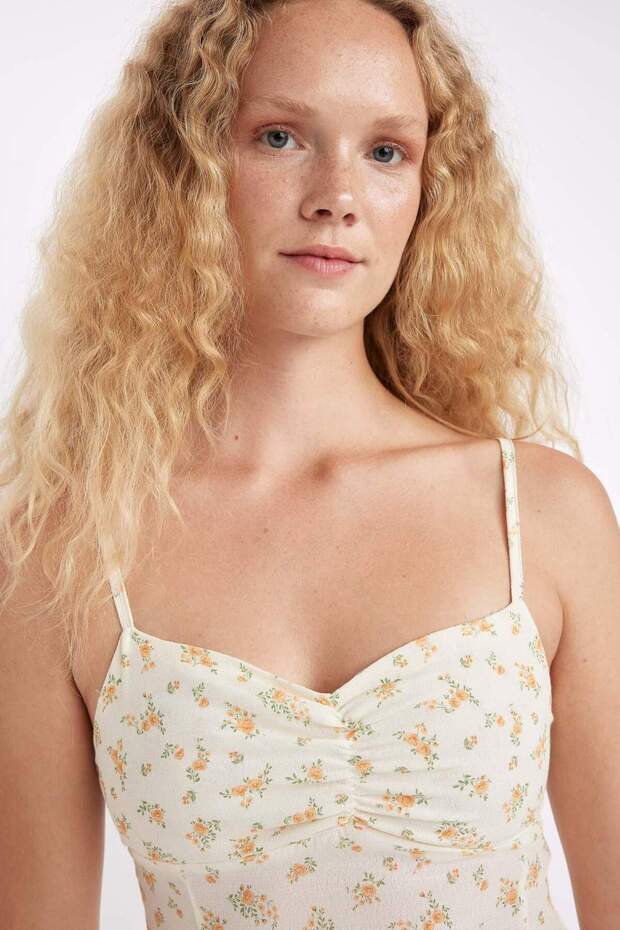 Kalp Yaka Çiçekli Maroken Askılı Midi Elbise C0960AX24SM - 7