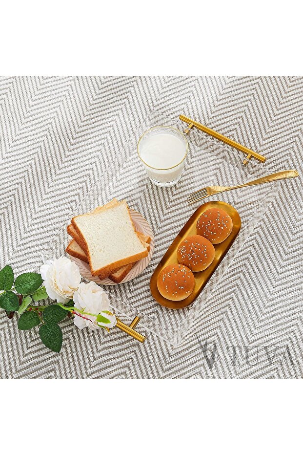 Tuva - New Generation Modern Tray with Gold Handles Transparent Plexiglass (35X30 cm)