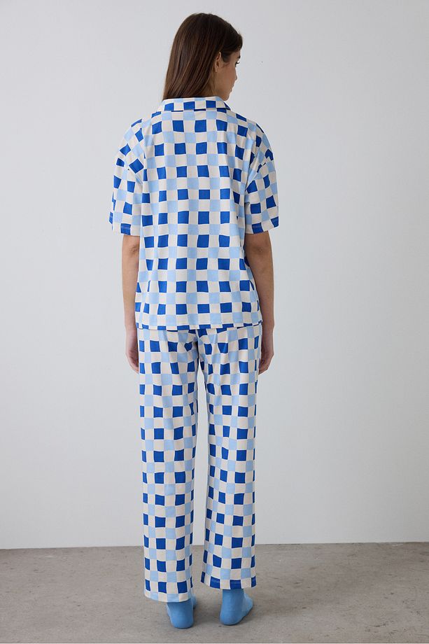 Ekoseli Rhea Gingham Gömlek Yaka Kısa Kollu Pijama Takımı - 4