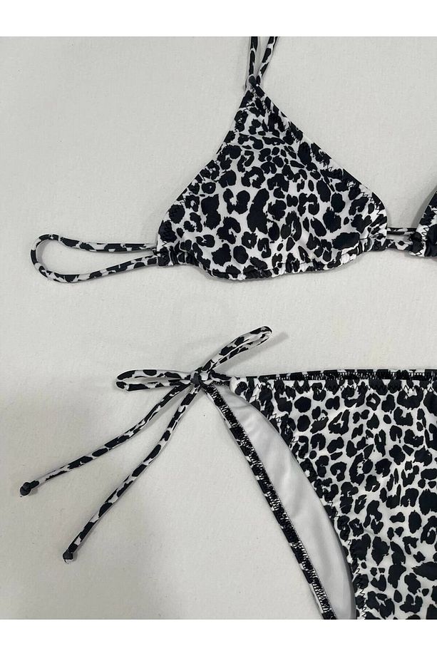 Kadın Leopar Siyah Boyundan İp Bağlamalı Üçgen Bikini Takımı HZL25S-LC5005 - 4