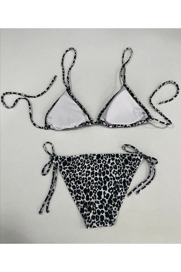 Kadın Leopar Siyah Boyundan İp Bağlamalı Üçgen Bikini Takımı HZL25S-LC5005 - 7