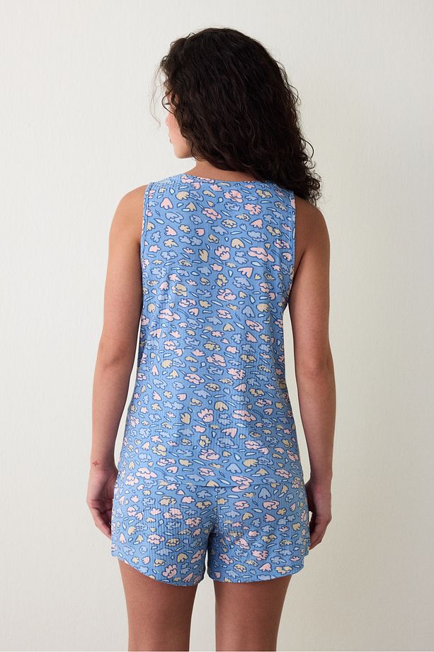 Mavi Pretty Flowers Bisiklet Yaka Kolsuz Şortlu Pijama Takımı - 3