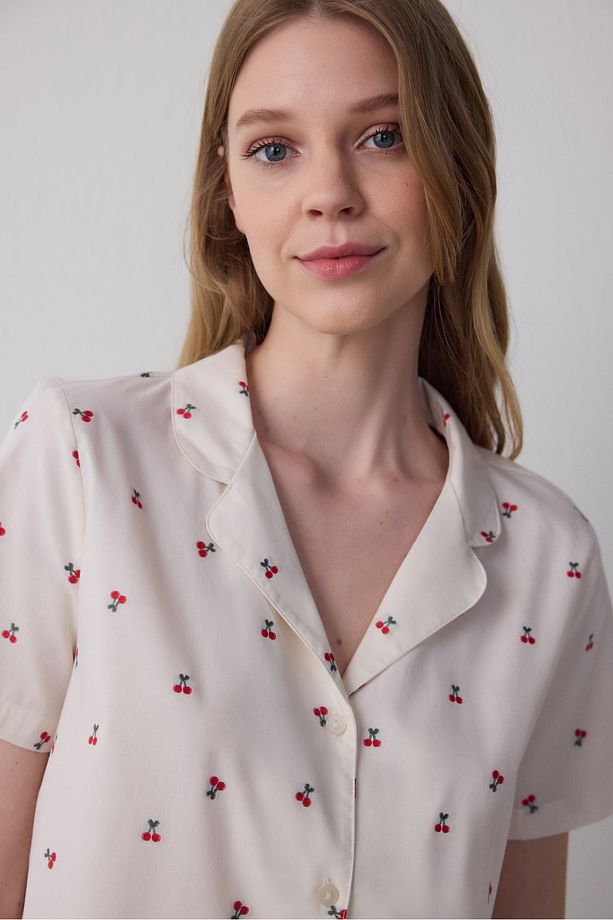 Ellie Gömlek Şort Kırık Beyaz Pijama Takımı - 2