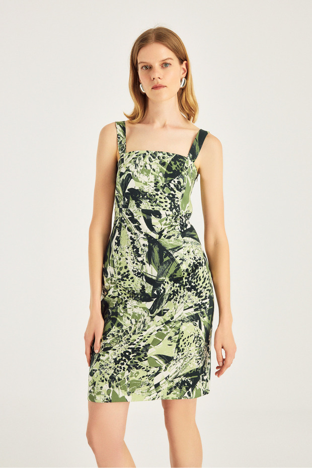 Desenli Askılı Elbise - 5