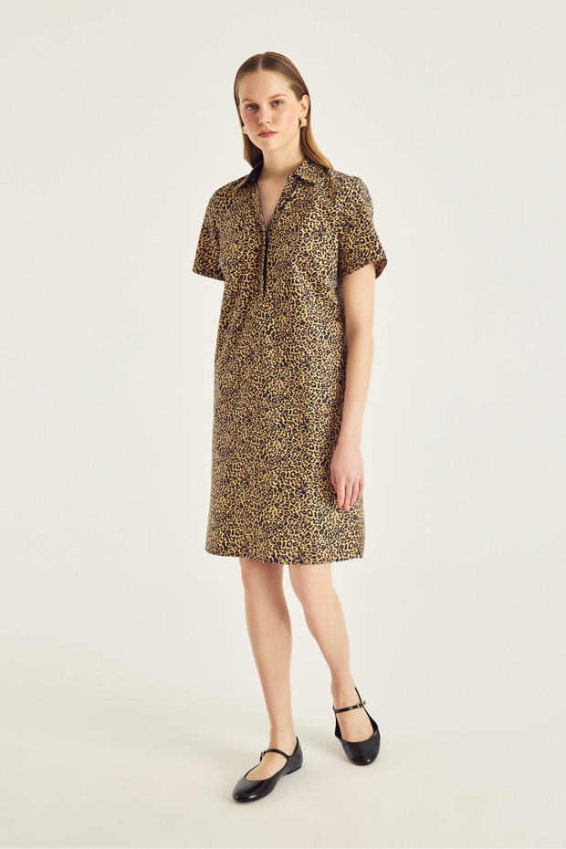 Leopar Desen Poplin Elbise - 1