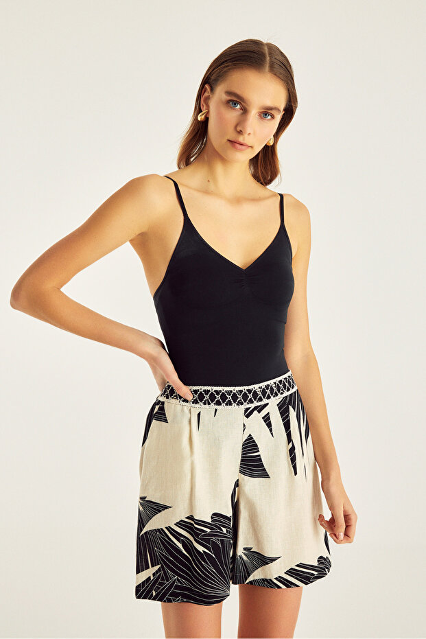 Desenli Keten Şort - 2