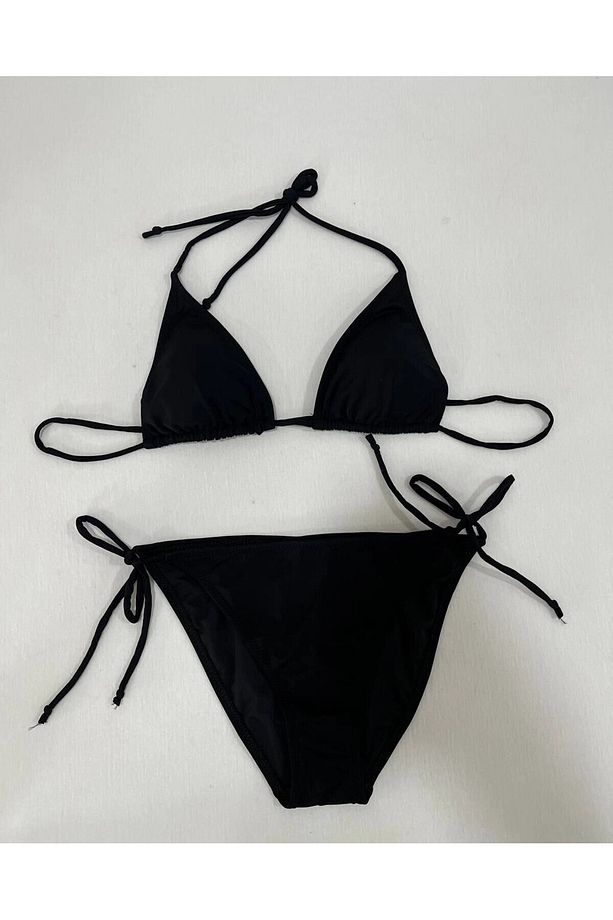 Kadın Siyah Boyundan İp Bağlamalı Üçgen Bikini Takımı HZL25S-LC5005 - 5