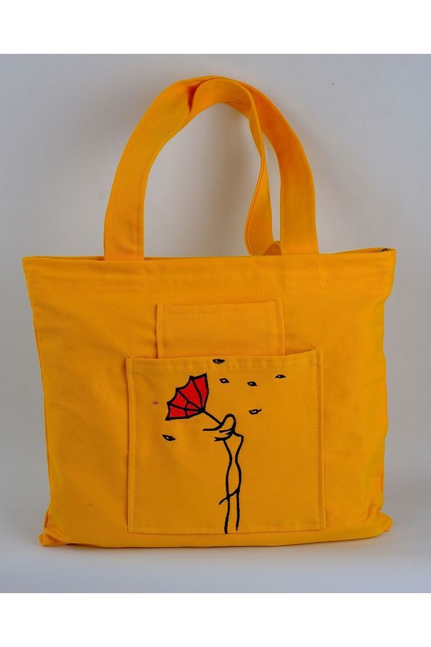 Butikmutik-şemsiyeli Kadın Nakış Işlemeli Sarı Renk Fermuarlı Kanvas Bez Çanta Ve Cüzdan - 7