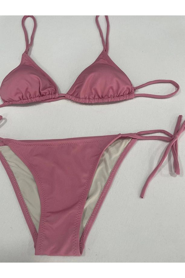 Kadın Gül Kurusu Boyundan İp Bağlamalı Üçgen Bikini Takımı HZL25S-LC5005 - 4