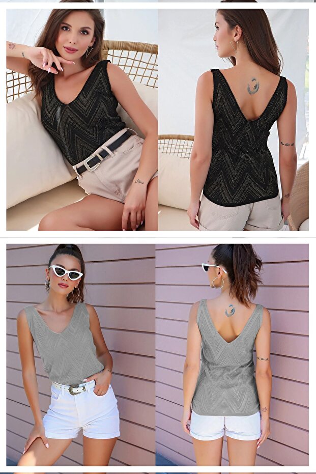 Women's Front Back V-Neck Sleeveless Strap Glitter Detailed 2-Pack Blouse BLACK-GRAY