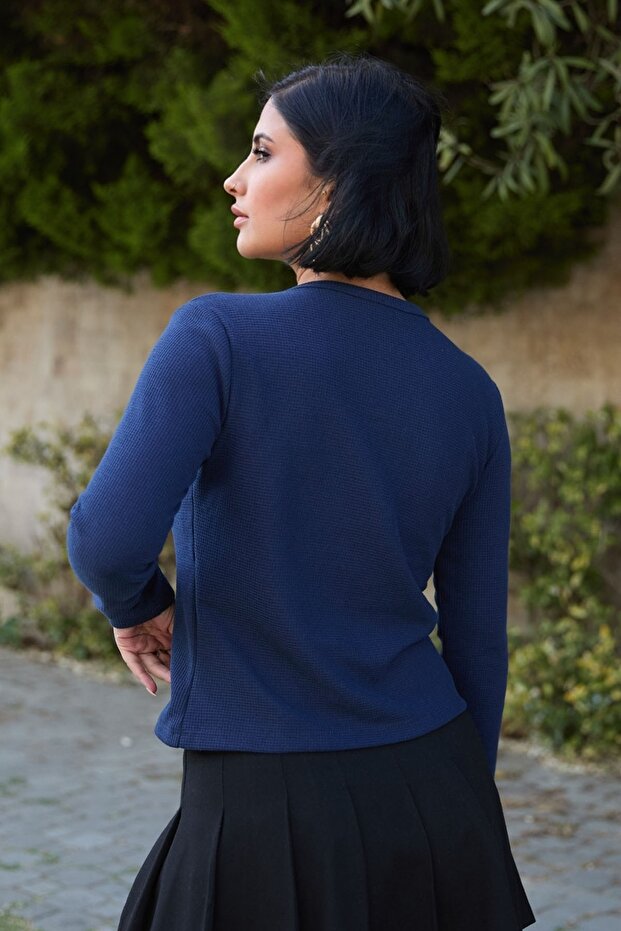 Basic Düğmeli Lacivert Waffle Hırka - 4