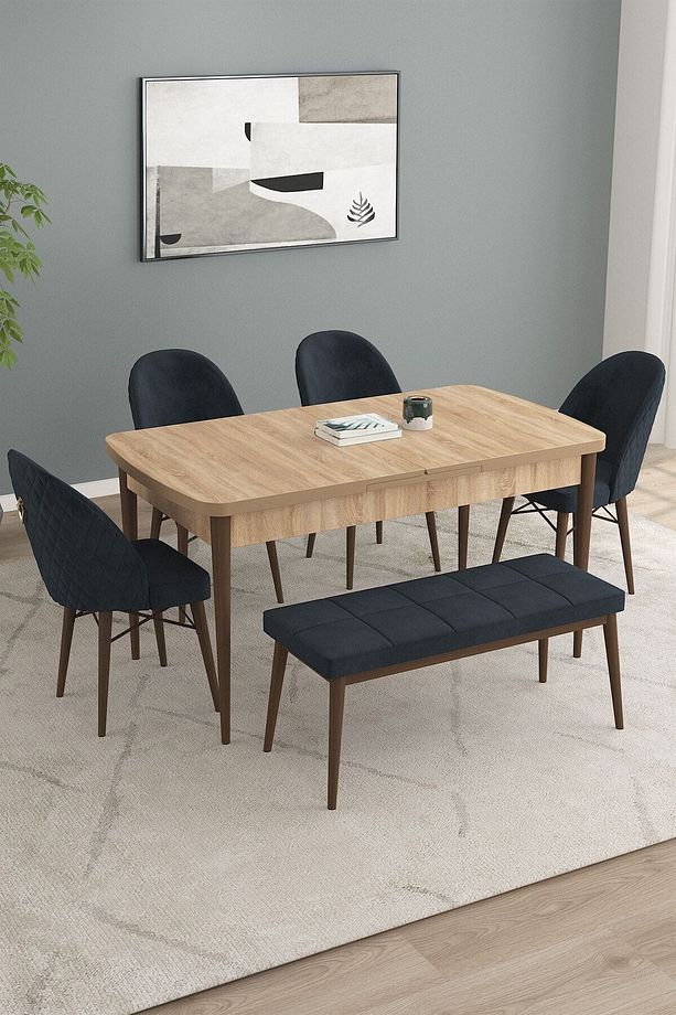 Calvin Meşe Desen 80x132 Mdf Açılabilir Mutfak Masası Takımı 4 Sandalye, 1 Bench - 1