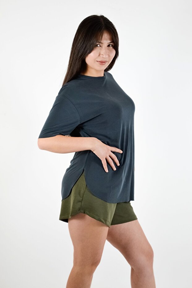 Sıfır Yaka Yan Yırtmaçlı Modal Basic T-Shirt - 3