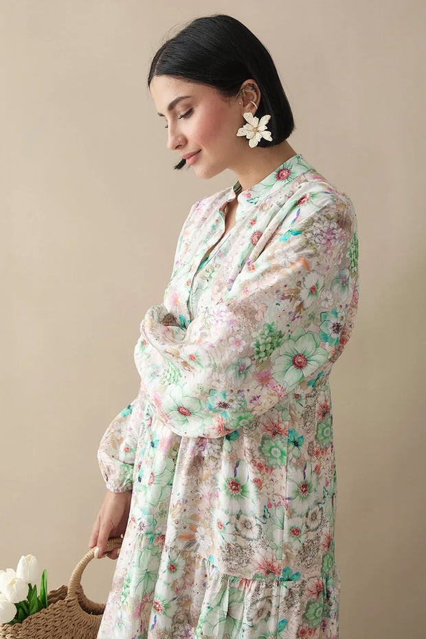 Nergis Çiçeği Yeşil Mango Elbise - 6