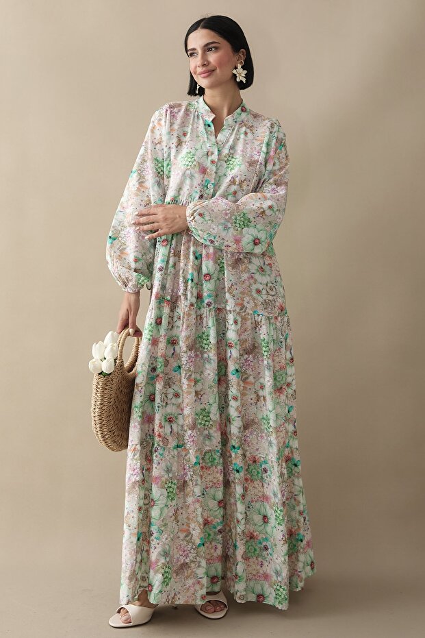 Nergis Çiçeği Yeşil Mango Elbise - 3