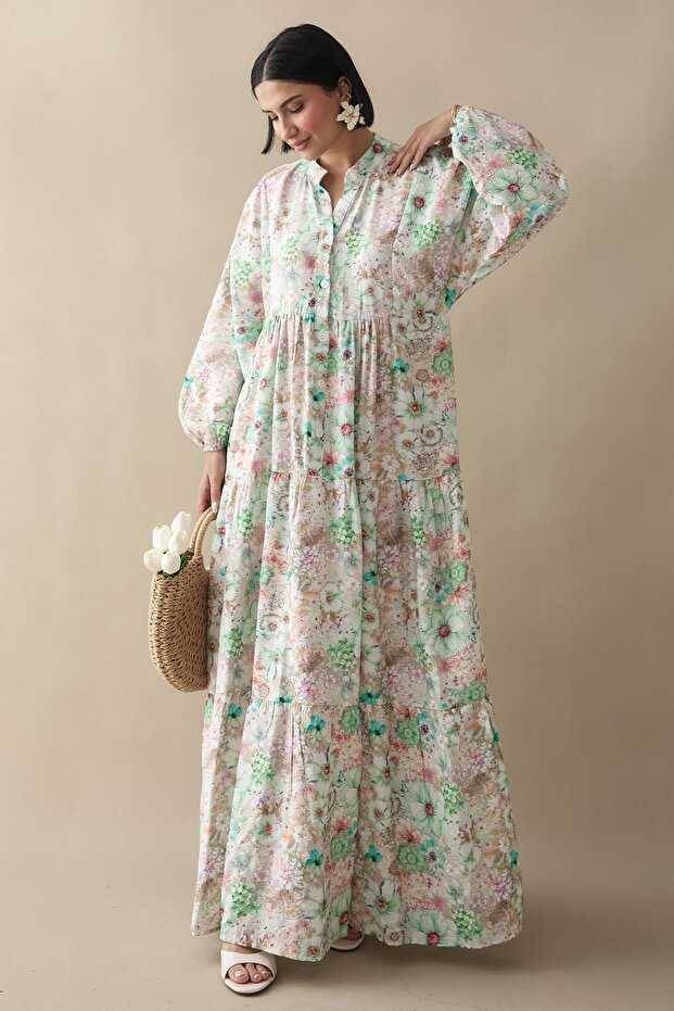 Nergis Çiçeği Yeşil Mango Elbise - 4