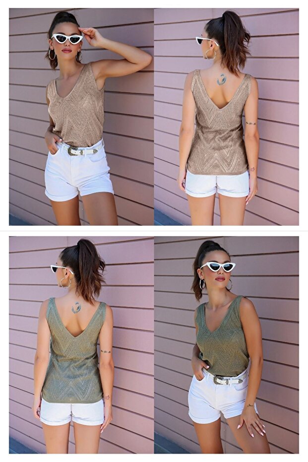 Women's Front Back V Neck Sleeveless Strap Glitter Detailed 2 Pack Blouse Mink-Khaki