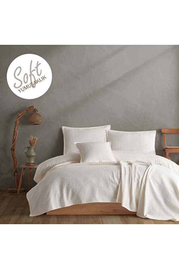 %100 Pamuklu Örgü Desenli Çok Amaçlı Yatak Örtüsü | 220x230 - 1