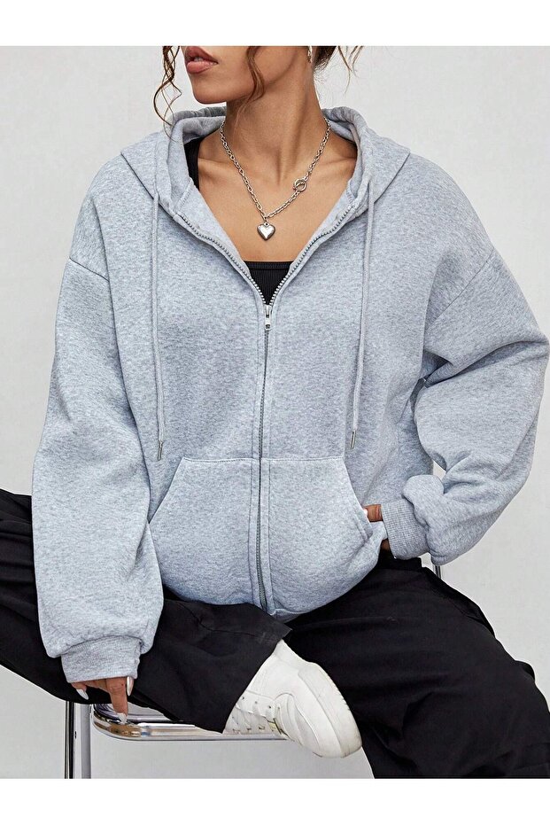 Unprinted Zippered Cardigan Sweatshirt - Gray Oversize Winter Thick Hoodie