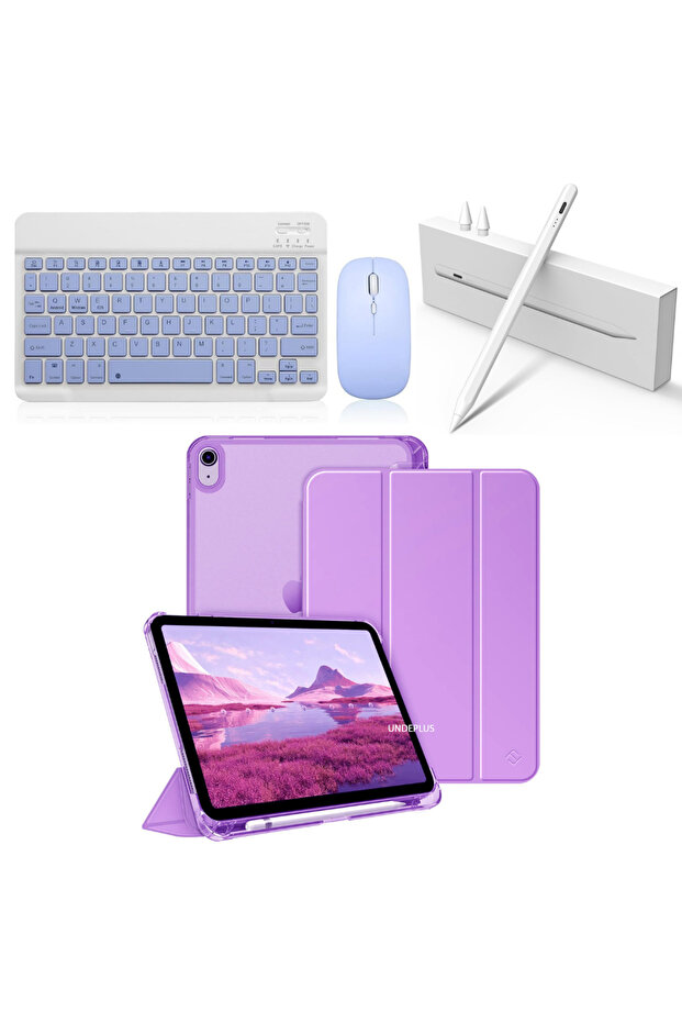 Apple iPad 11. NESİL A16 ve 10.NESİL 10.9 Uyumlu Flip Kılıf Lila + Bluetoothlu Klavye Mouse + Kalem - 2