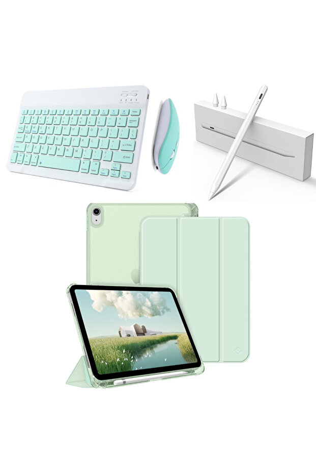 Apple iPad 11. NESİL A16 ve 10.NESİL 10.9 Uyumlu Flip Kılıf A.Yeşil+ Bluetoothlu Klavye Mouse+Kalem - 2
